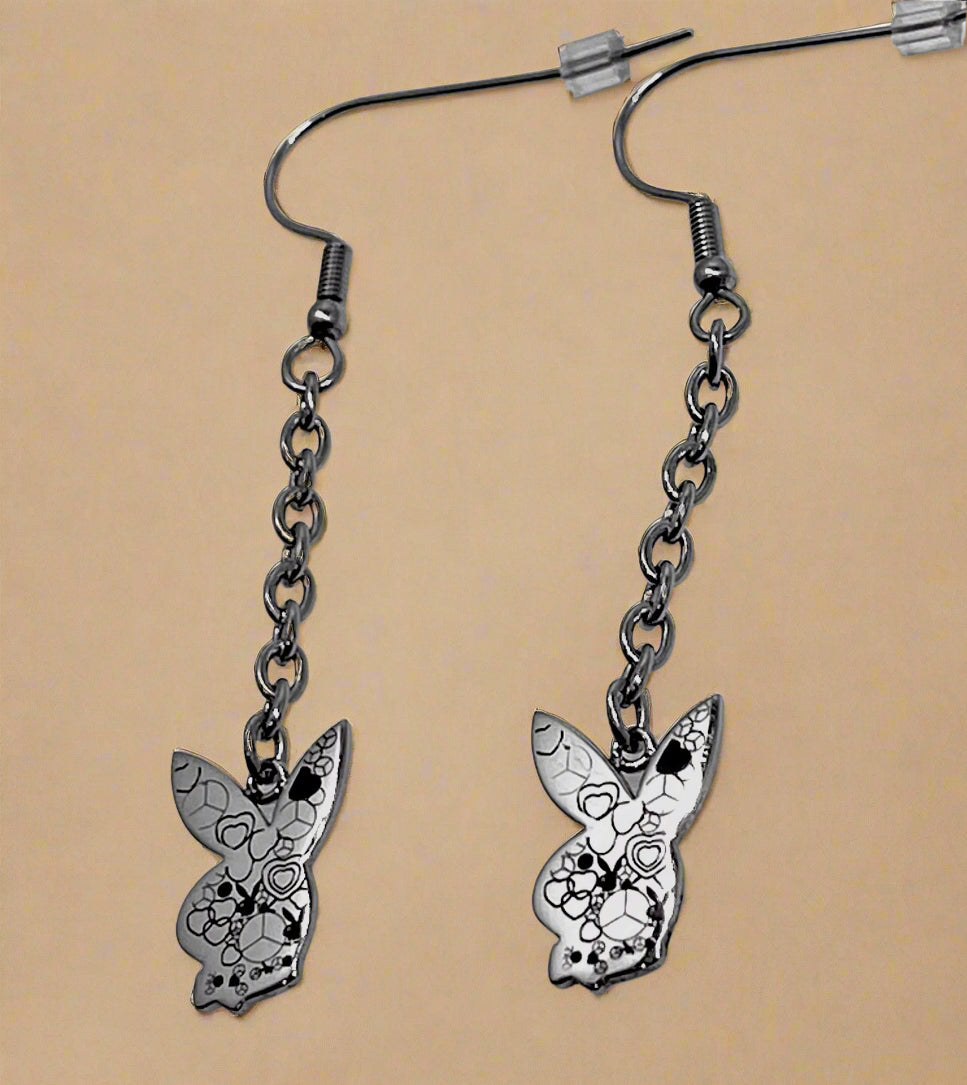 Playboy Chain Drop Earrings – Textured Bunny Heads with Leveled Back