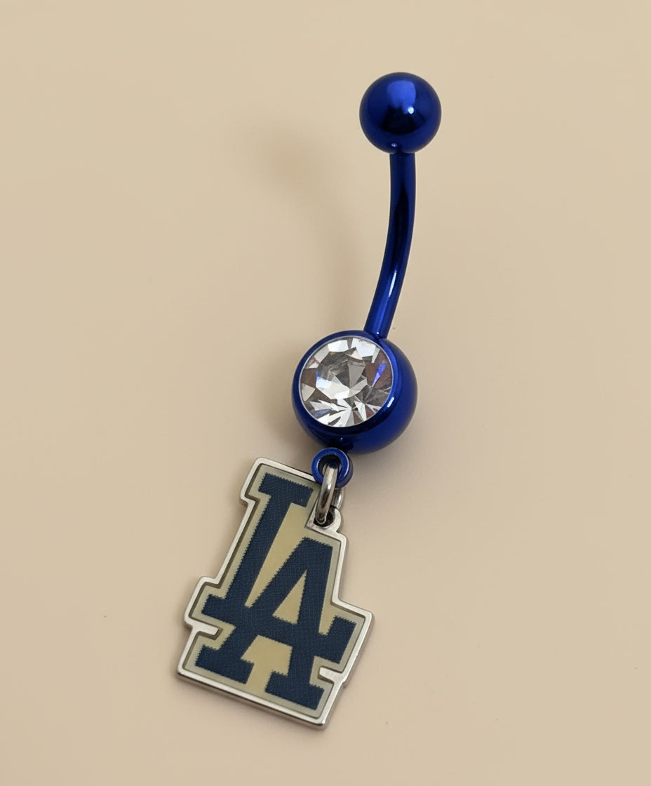 Licensed MLB Clear Gem Blue Anodized LA Dodgers Dangle Belly Ring