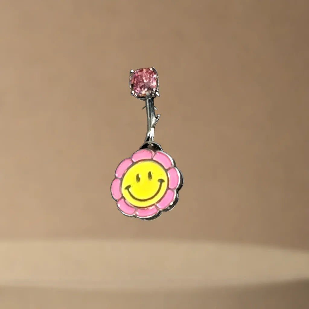 COLORFUL SMILY BELLY PIERICING w/PINK C/Z STONE