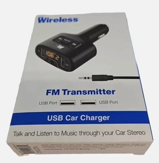 Just Wireless FM Transmitter (3.5mm) with 2.4A/12W 2-Port USB Car Charger- Black