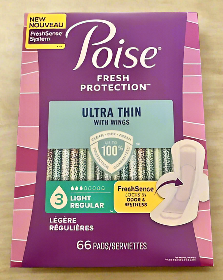 Poise Ultra Thin Incontinence Pads with Wings – Light, 66 Count (3-Drop, Regular Length)